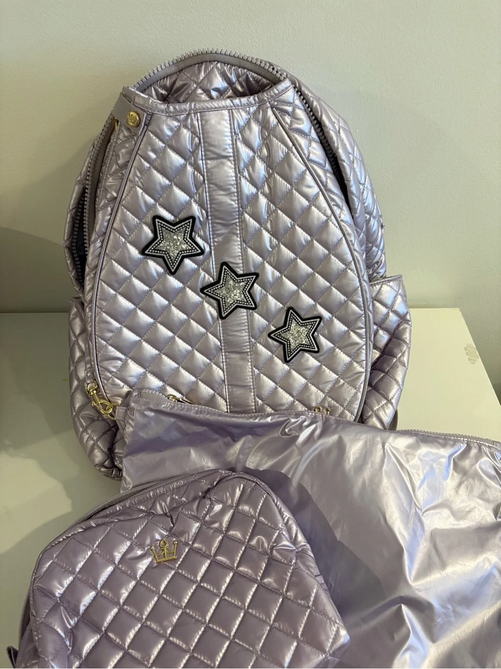 Oliver Thomas || 24 + 7 Tennis Backpack Quilted Metallic Lavender Purple Stars